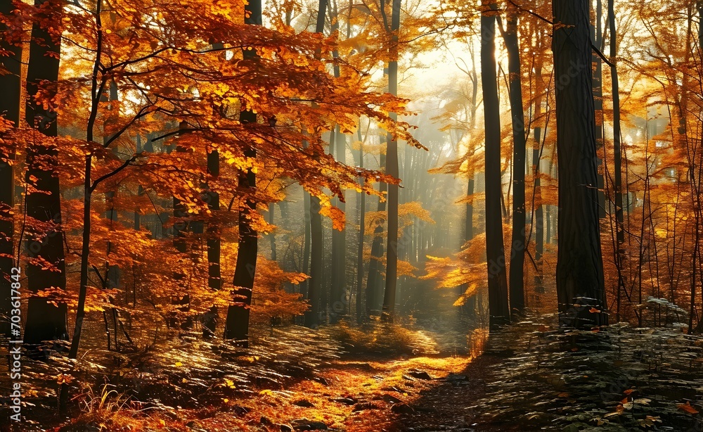 Autumn Radiance - Sunlight Illuminating Forest Path Amidst Vibrant Foliage, Light Orange and Dark Emerald Tones