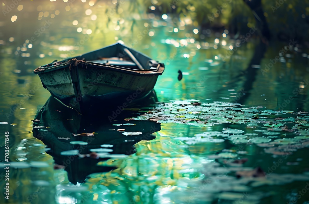 Leafy Voyage - White Wooden Boat Sailing Amidst Autumn Leaves on Tranquil Lake, Cinematic Beauty