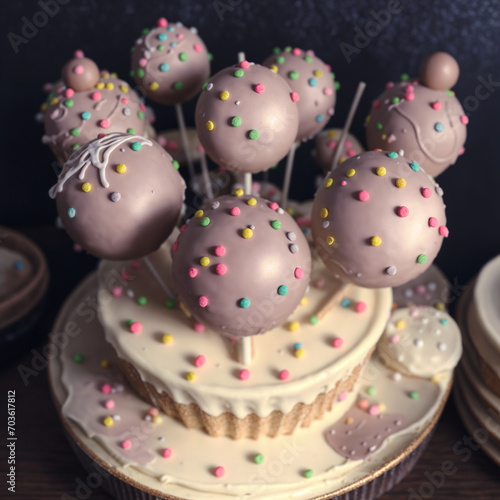 Delicious cake pops decorated with frosting chocolate and sprinkles - generated by ai