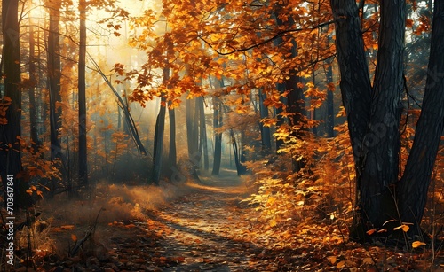 Autumn Radiance - Sunlight Illuminating Forest Path Amidst Vibrant Foliage, Light Orange and Dark Emerald Tones