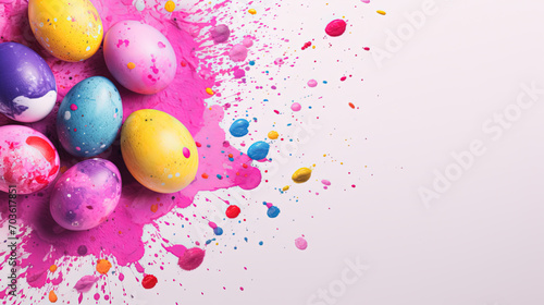 Colorful explosions on Easter eggs on a white background with copy space