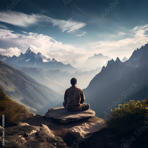 A person meditating on a mountaintop. © Cao