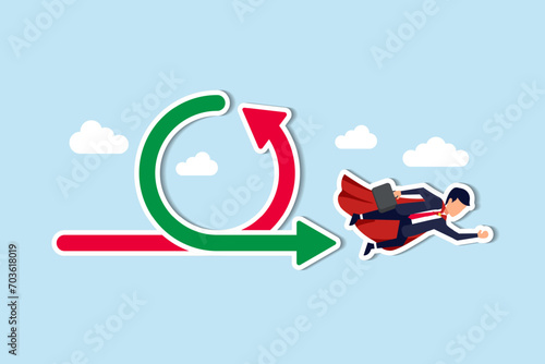 Agile methodology in project management or software development, sprint or dev cycle to release and improve product, scrum process or workflow concept, businessman superhero fly with agile cycle.