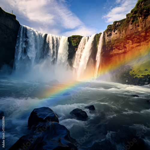 Spectacular double rainbow over a waterfall. © Cao