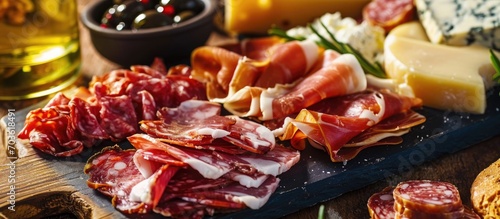 Traditional Spanish tapas with ham, salami, and goat cheese as a meat appetizer. photo