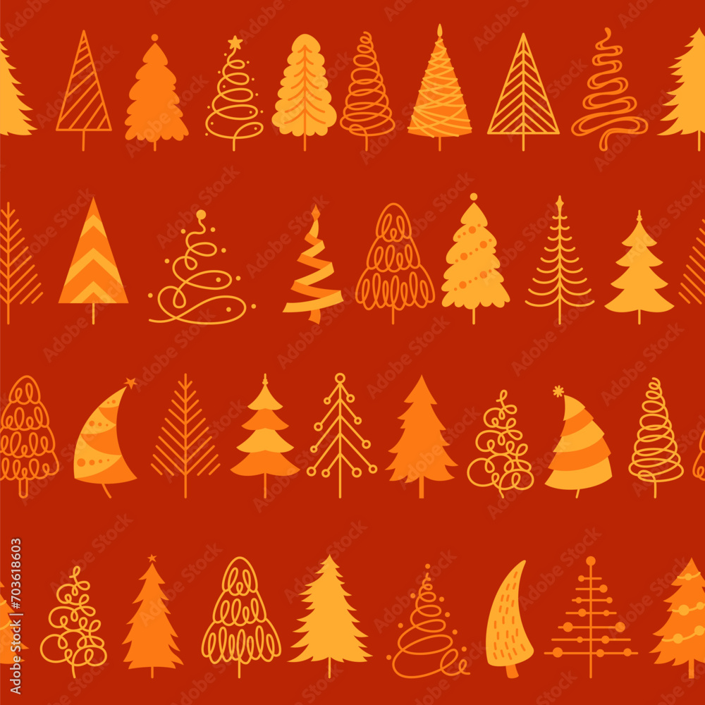 Obraz premium Christmas doodle tree New Year seamless pattern. Noel traditional symbol trendy boundless repeat background. Xmas winter pine wood endless design for print, textile wrapper packaging backdrop template
