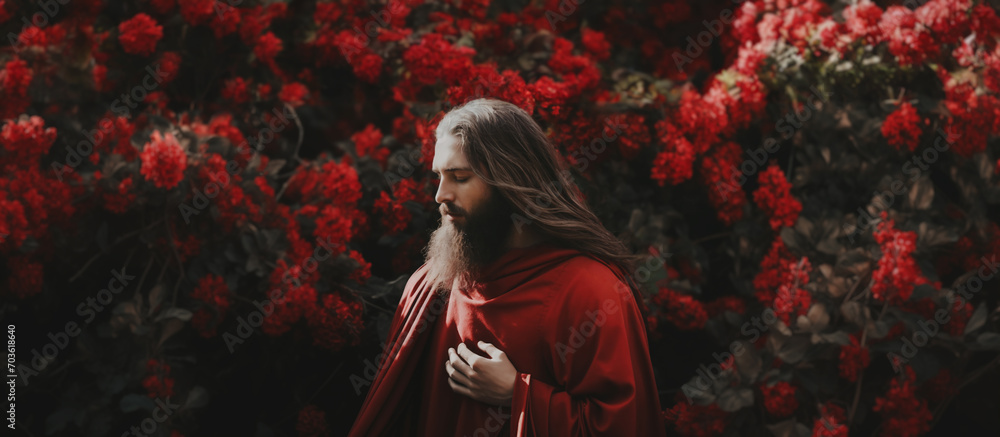 Jesus Christ in a red robe. A man with long hair and beard in front of blurred background with red flowers. Happy Easter concept. For poster, card, postcard, wallpaper - obrazy, fototapety, plakaty 