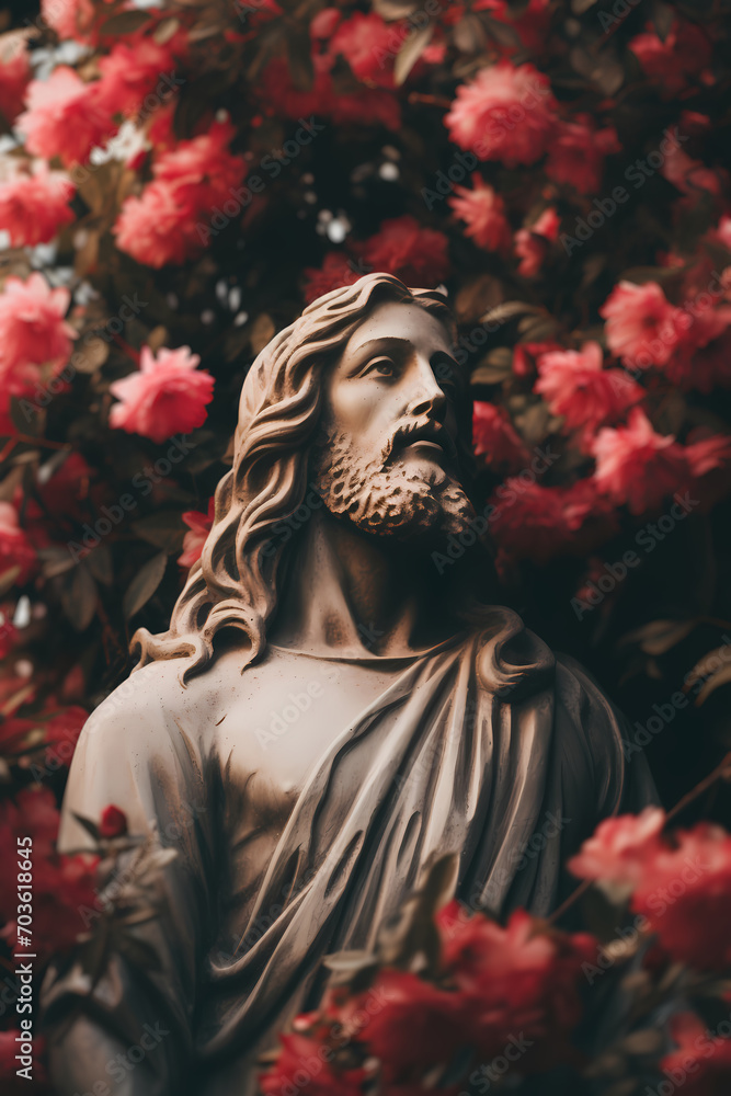 Statue of Jesus Christ in blurred red flowers background. Happy Easter concept. Sculpture of a man with long hair and beard. For poster, card, postcard, wallpaper, cover.