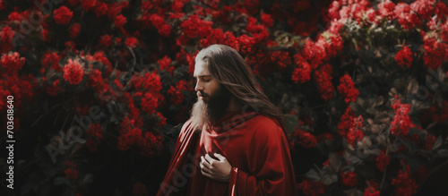 Jesus Christ in a red robe. A man with long hair and beard in front of blurred background with red flowers. Happy Easter concept. For poster, card, postcard, wallpaper photo
