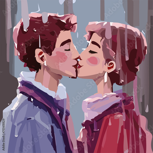 Pareja heterosexual besándose bajo la lluvia