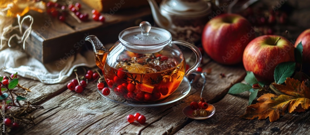 Healthy hot drink with rosehip berries herbal tea in a glass teapot on an old wooden table surrounded by autumn berries and apple cake.