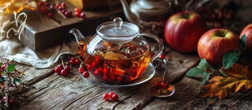 Healthy hot drink with rosehip berries herbal tea in a glass teapot on an old wooden table surrounded by autumn berries and apple cake. © 2rogan