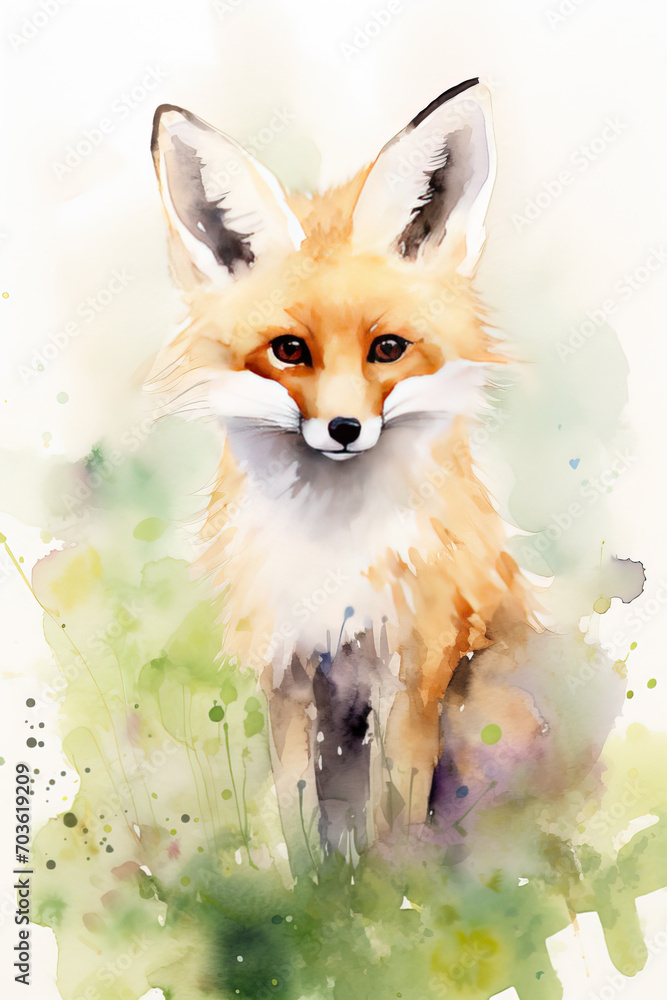 Portrait of an adorable and beautiful red fox on an adventure, featuring a watercolor painting with a splash of pastel colors Portrait of an adorable and beautiful red fox on an adventure, featuring a watercolor painting with a splash of pastel colors