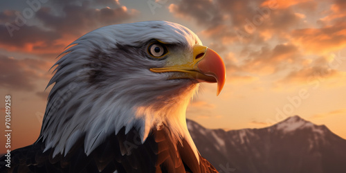 Close up a bald eagle standing in front of a sunset