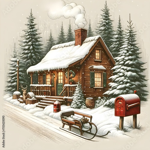 Create an image a Christmas scene with a small house in the snow