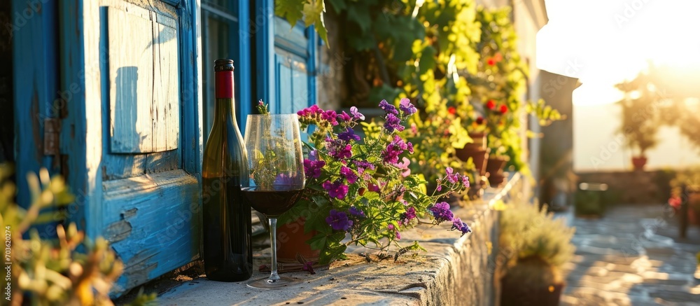 Beautiful terrace or balcony adorned with wine bottle, glass, and flowers. - obrazy, fototapety, plakaty 