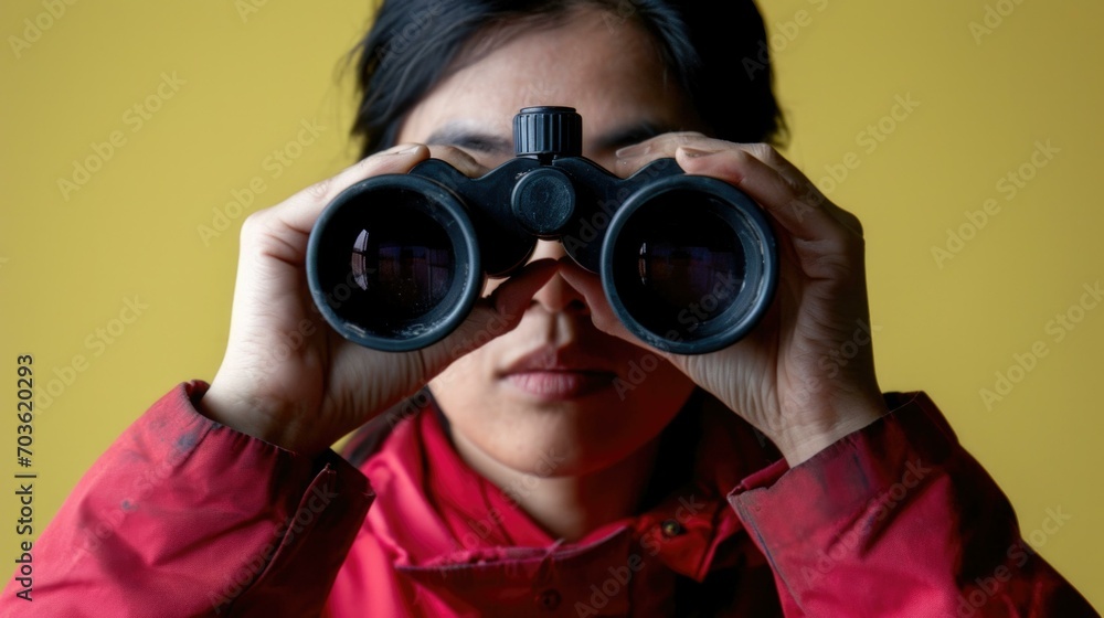 A woman in red jacket looking through binoculars. Generative AI. A woman in red jacket looking through binoculars. Generative AI.