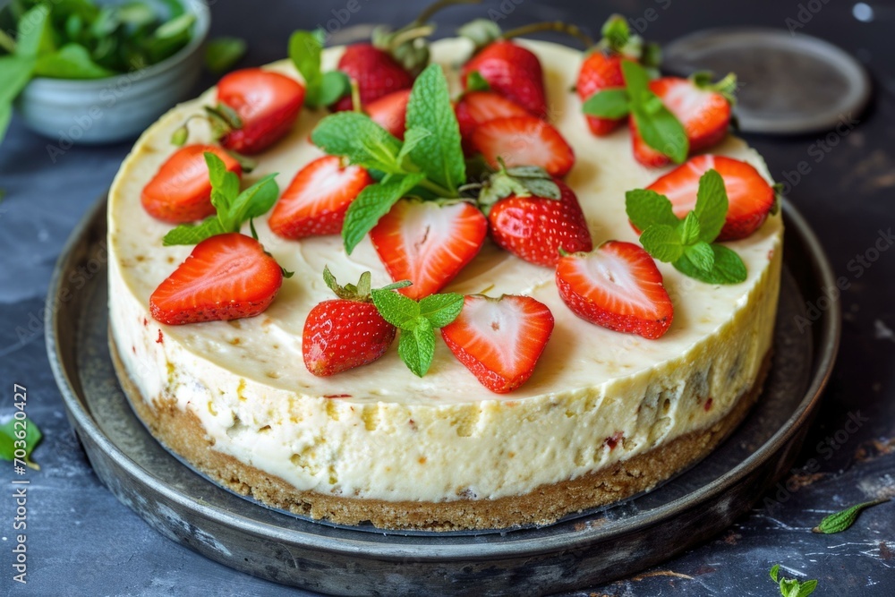 Cheesecake with strawberries and mint on a black background. Generative AI. Cheesecake with strawberries and mint on a black background. Generative AI.