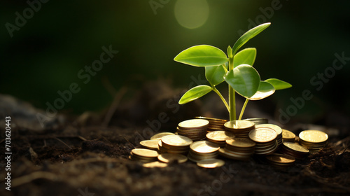 Small plant growing on a pile of gold coins - investment concept illustration