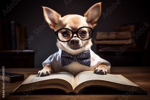 chihuahua puppy reading a book
