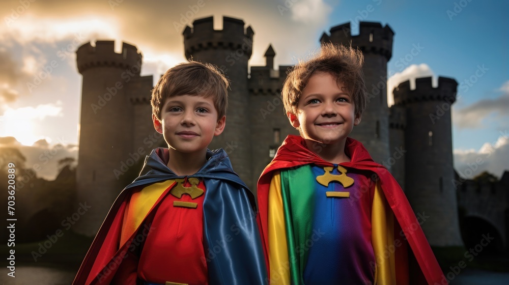 Two young boys dressed up as superheros in front of a castle. Generative AI.