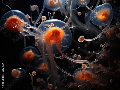 A group of jellyfish swimming in the ocean. Generative AI. © Natalia