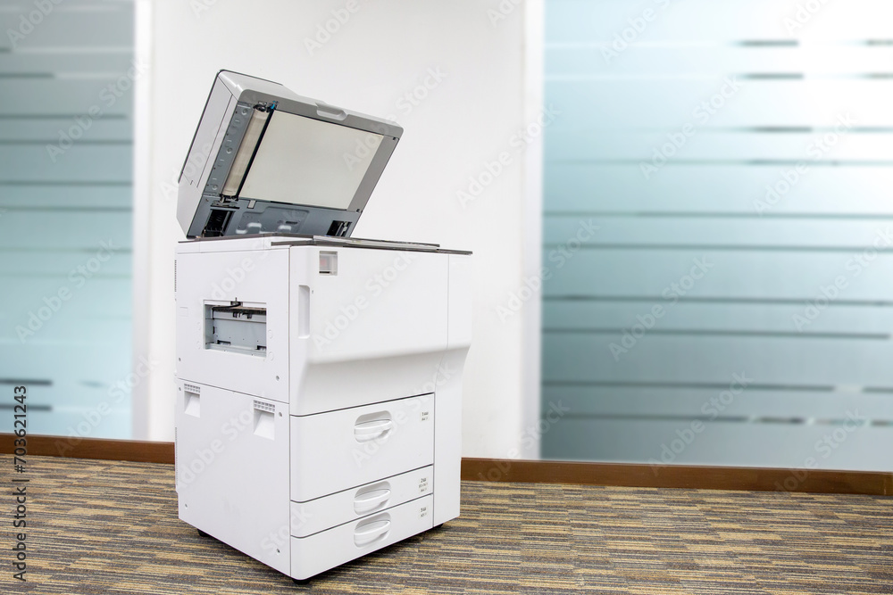 Copier or photocopier or photocopy machine office equipment workplace for scanner or scanning document or printer for printing paperwork hard copy paper duplicate Xerox or service maintenance repair. - obrazy, fototapety, plakaty 