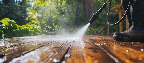 Man using pressure washer to clean patio decking photo