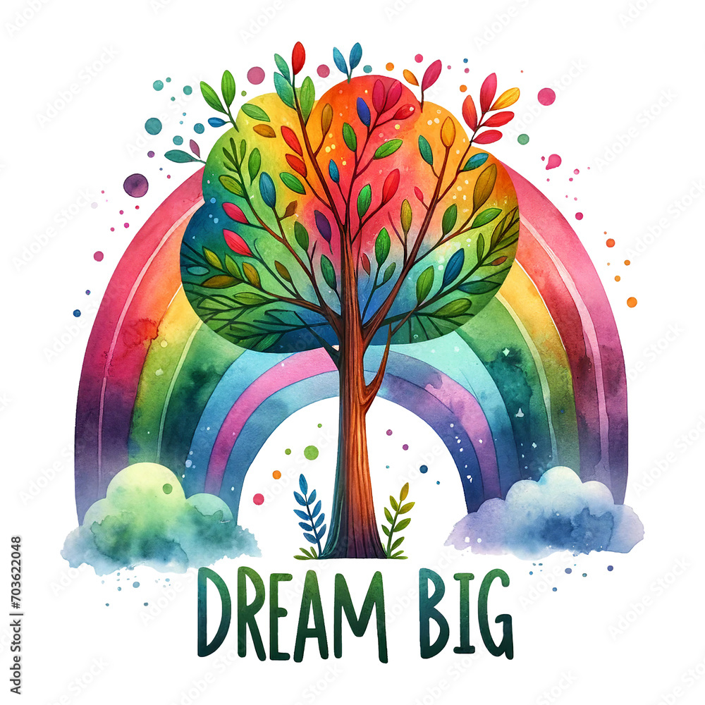 Artistic tree with a rainbow and "Dream Big" text - obrazy, fototapety, plakaty 