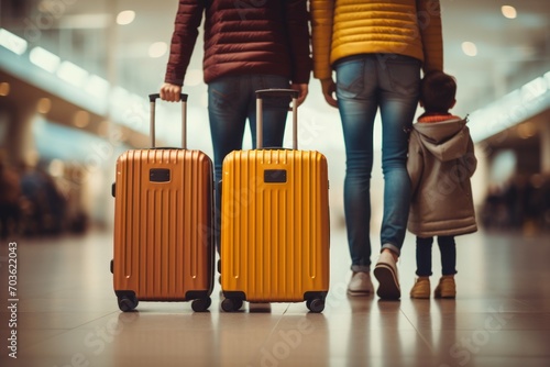 Close-up view about a unrecognizable family: parents and one child are standing in a modern airport with their suitcases and personal luggage, waiting for boarding...