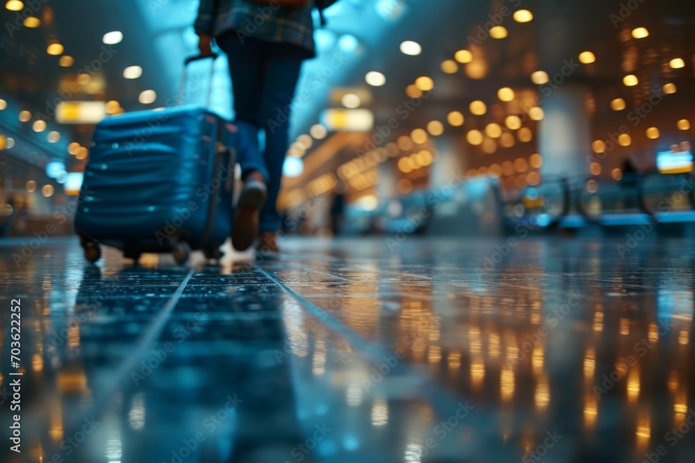 Back view of people are walking and carrying their suitcases at airport terminal, blurred background, cinematography style...