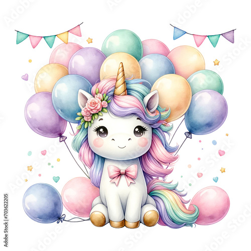 A blissful unicorn surrounded by a multitude of balloons and bunting