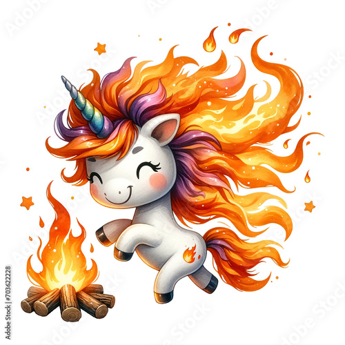 A fiery unicorn prancing near a campfire
