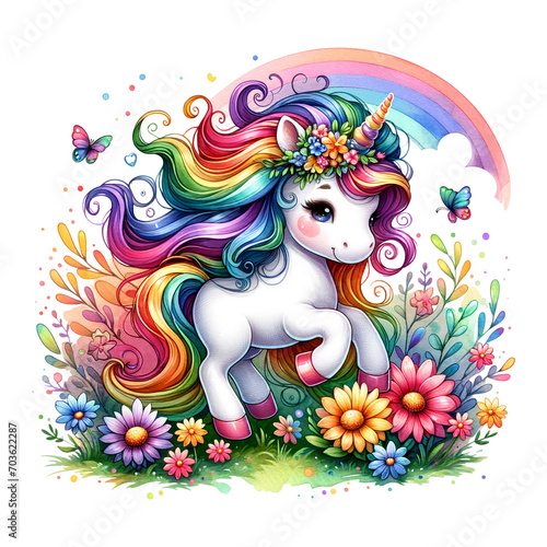 A radiant unicorn with a rainbow mane nestled among flowers