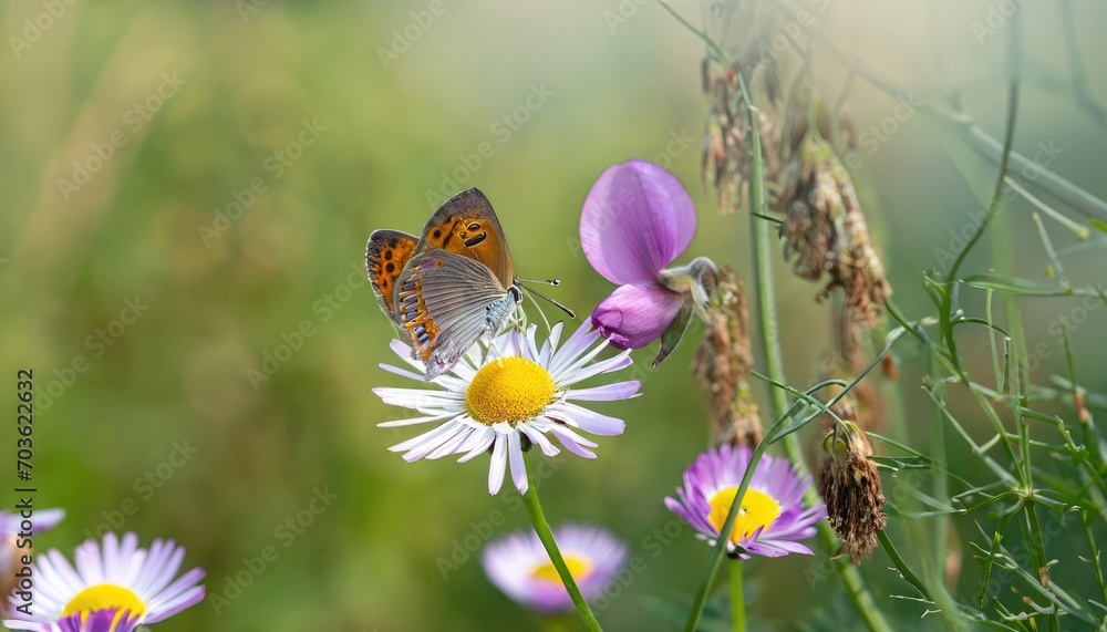 Beautiful wildflowers chamomile, wild peas, butterfly Beautiful wildflowers chamomile, wild peas, butterfly