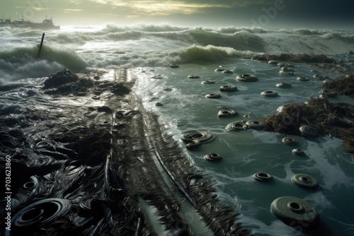A hurricane causes an oil spill, impacting marine life and coastal economies. photo