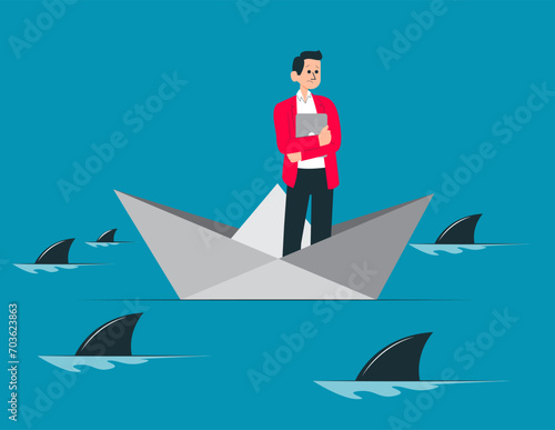 Person standing on origami boat surrounded by sharks. Vector illustration concept
