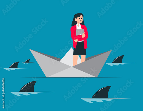 Person standing on origami boat surrounded by sharks. Vector illustration concept