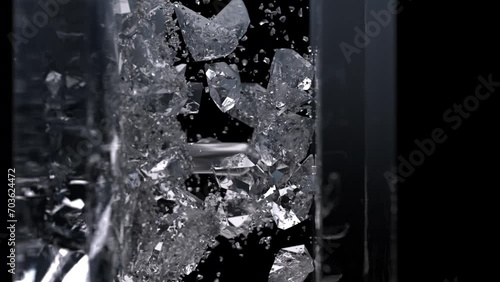 Glass barrier destroyed. Metal bullet flies through glass wall in slow motion. photo