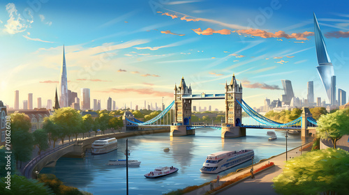 London cityscape panorama with River Thames Tower Bridge and Tower of London in the morning light