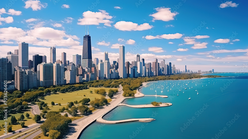 Naklejka premium Chicago skyline aerial drone view from above, lake Michigan and city of Chicago downtown