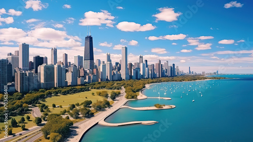 Chicago skyline aerial drone view from above, lake Michigan and city of Chicago downtown © Kashem