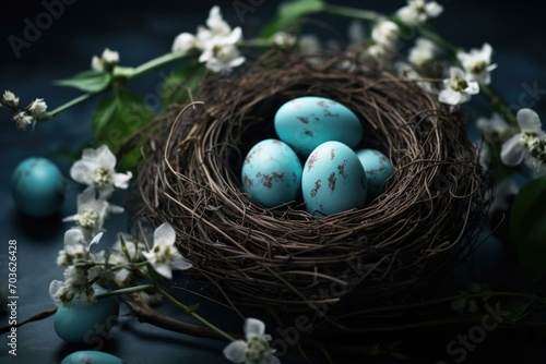 Easter eggs in a nest with flowers on dark background. Generative AI.