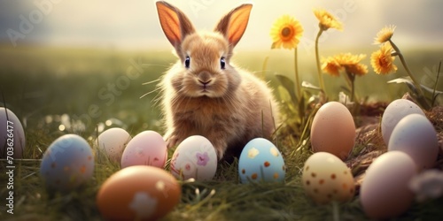 A bunny is sitting in the grass with colorful eggs. Generative AI.