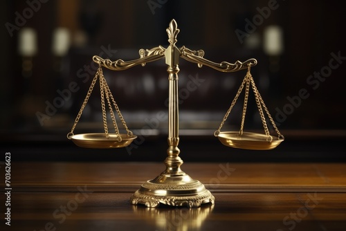 An image of scales of justice placed on a wooden table. Serving as symbols of law and justice, this visual representation emphasizes the significance of the legal system and principles o Generative AI