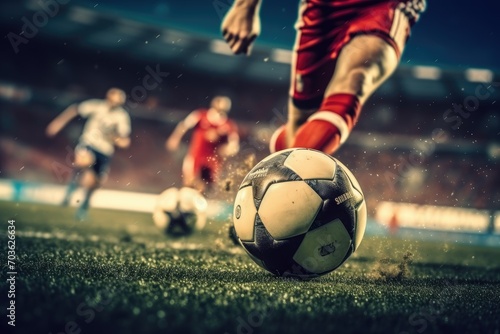 An image of a soccer player kicking the ball on the football field at night. This striking scene captures the beauty and passion of soccer, with the sparkling lights of the stadium again Generative AI © lee