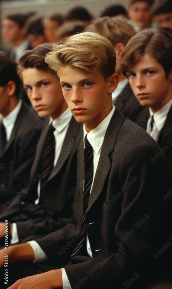 A group of young students in suits and ties. Generative AI. A group of young students in suits and ties. Generative AI.