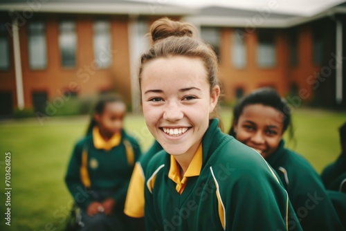 A girl in a green and yellow school uniform smiling. Generative AI. photo