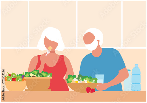 Healthy food for elderly couple concept, old man and woman eating healthy food, elderly care and  healthy aging vector illustration