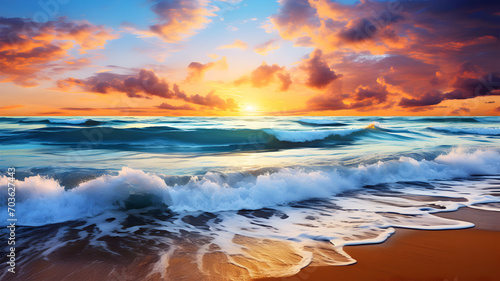 Golden sunset sky. Seascape horizon. Tropical sea and sandy shore.